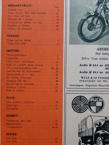 Teknikens Värld nr 20 1951: Zündapp KS 601, presentation alla mc, teknik, motor
