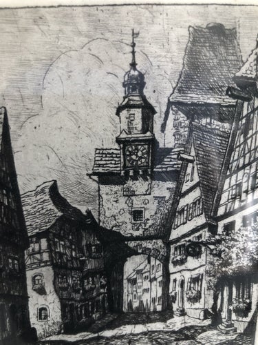 Klassisk Etsning av Hans Böhme, Rothenburg, Tyskland