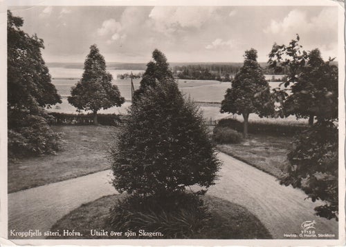 Hofva. Kroppfjells Säteri. Utsikt mot Skagern. Stpl. Hova 18.7.40 t. Reftele