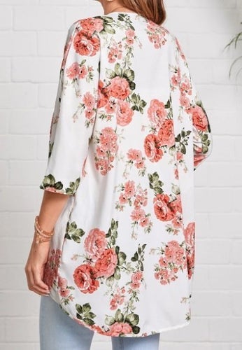 Ny vit Kimono m. blommigt mönster rosa/röd stl XXL sommar