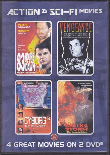 DVD 4i1 / Cyborg 3, Rising Storm, Vengeance, 83 Hours... / 2-disc / Fint skick