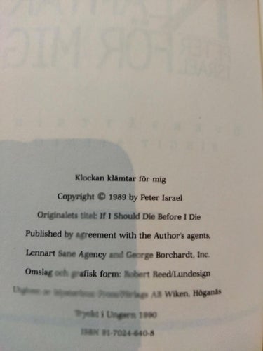 Klockan klämtar för mig av Peter Israel. bok. Very Fine plus