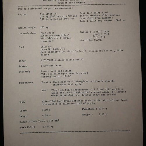 Corvette Faktablad - Mitten 70-talet? Engelsk text för Export