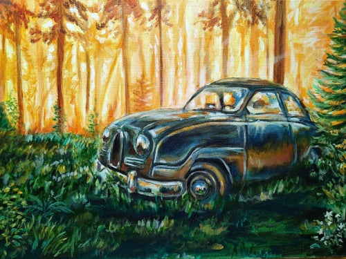 Akrylmålning, En liten Saab av Daniel Krön 70x50cm cm (saab