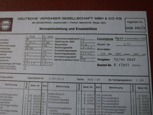 Förgasarspecifikationer/reservdelslista Opel Commodore B 2500S automat, 5.1975-