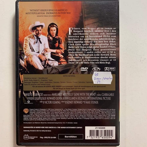 BORTA MED VINDEN. VINNARE AV 10 OSCAR. DVD DRAMA / KLASSIKER -39.