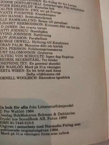 Mord på 31:a våningen av Per Wahlöö. bok, pocket. Fine