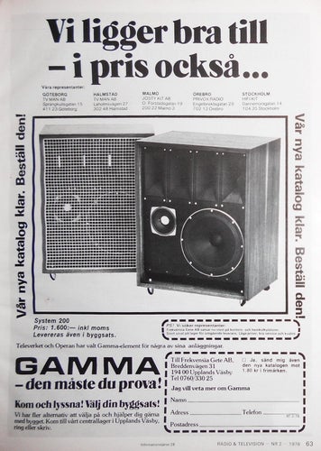 GAMMA-ELEMENT SYSTEM 200, HI-FI TIDNINGSANNONS 1976