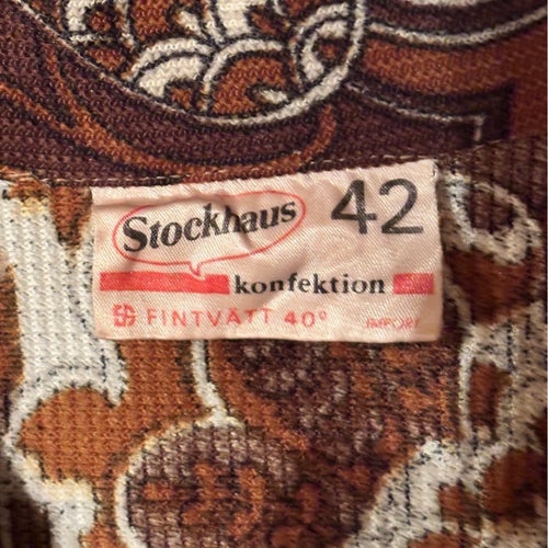Vintage retro- klänning Stockhaus 70-tal stl 42 brunmönstrad med krage