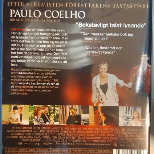 Blu-ray Veronika Bestämmer Sig För Att Dö Paulo Coelho Svensk text INPLASTAD