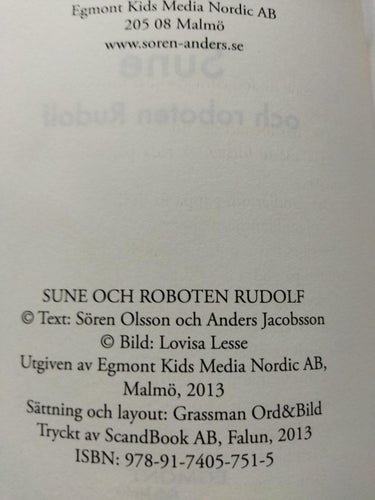 Sune och roboten Rudolf av Sören Olsson, Anders Jacobsson. Very Fine plus
