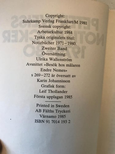 NOTISBÖCKER 1975 - 80 Peter Weiss Arbetarkultur 1985