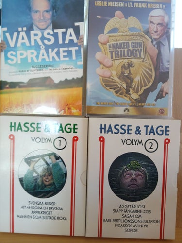 DVD-filmer: Hasse & Tage Volym 1 & 2, The Naked Gun Trilogy, Värsta Språket