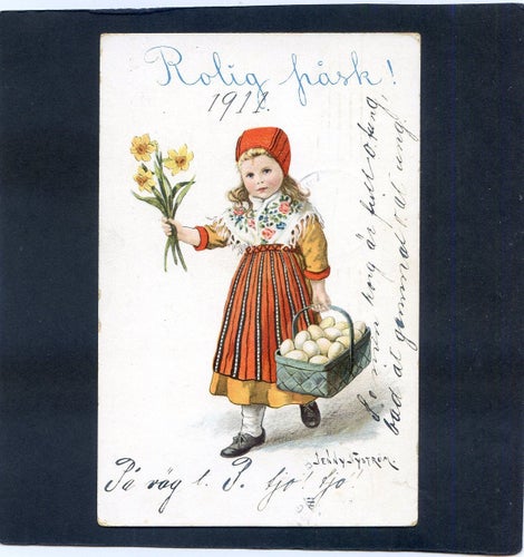 Rolig Påsk Flicka med äggkort signerat JENNY NYSTRÖM sänt 1911