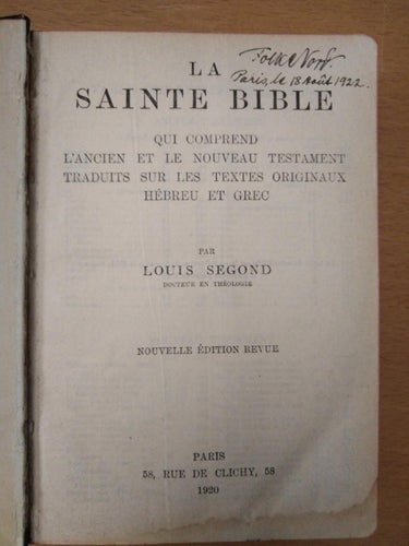 Sainte Bible 1920 Louis Segond . Bok. Very Fine. BM