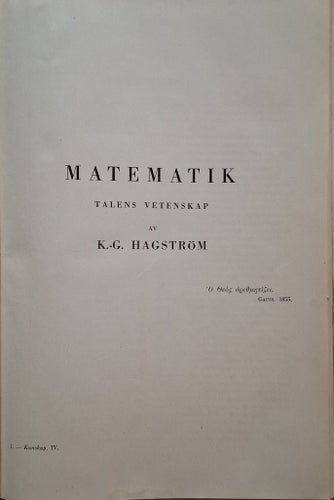 Matematik Talens Vetenskap av K.G. Hagström, 1855