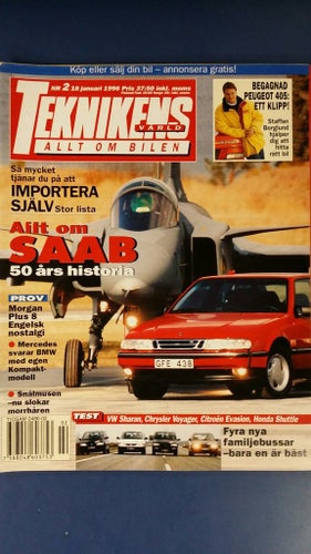 Teknikens Värld 2 1996: Morgan Plus 8, Chrysler Voyager, VW Sharan, Saab 50 år