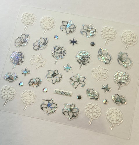 Nail art stickers små blommor vita + silver metallic Y2K naglar manikyr maskros