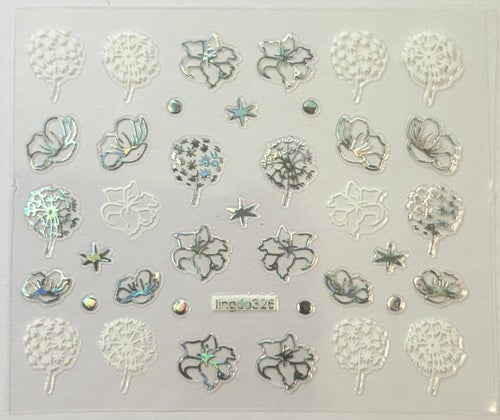 Nail art stickers små blommor vita + silver metallic Y2K naglar manikyr maskros