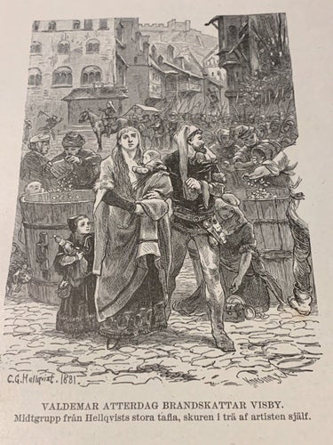 Träsnitt ”Valdemar Atterdag brandskattar Visby 1361” ur bok från 1901