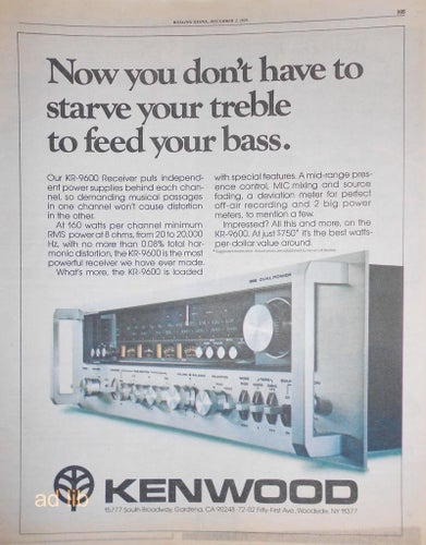 KENWOOD KR-9600 RECEIVER, HI-FI TIDNINGSANNONS 1976