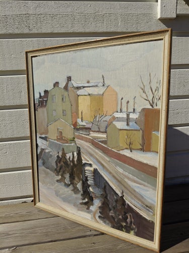 (W275) Vintermotiv stadslandskap hus pannå 50x63 cm