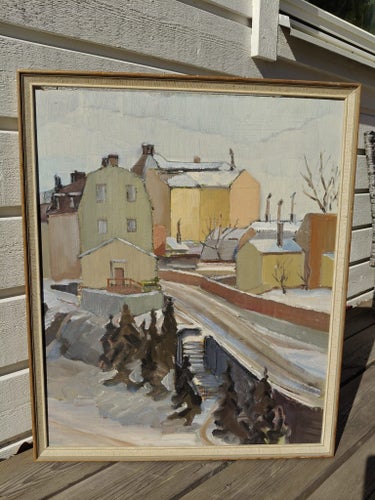 (W275) Vintermotiv stadslandskap hus pannå 50x63 cm