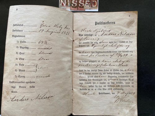 Norsk Opholdsbok för att få besöka Sverige 1889. med Handskrivna anteckningar