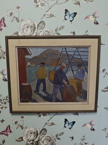 Oljemålning - Fiskare i Hamn - Sven (Svän) Grandin – 52 x 43 cm (W203)
