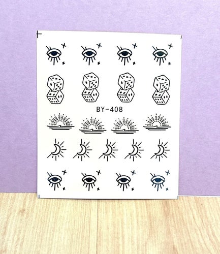 nail stickers nagellack svart ögon tärningar soluppgång design y2k trend naglar