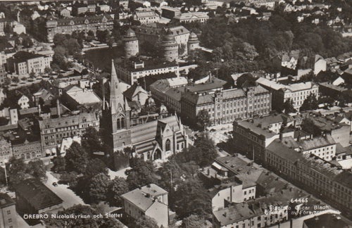 Äldre vykort Närke Örebro Flygvy Nicolaikyrkan, Slottet Pressbyrån Mindre format
