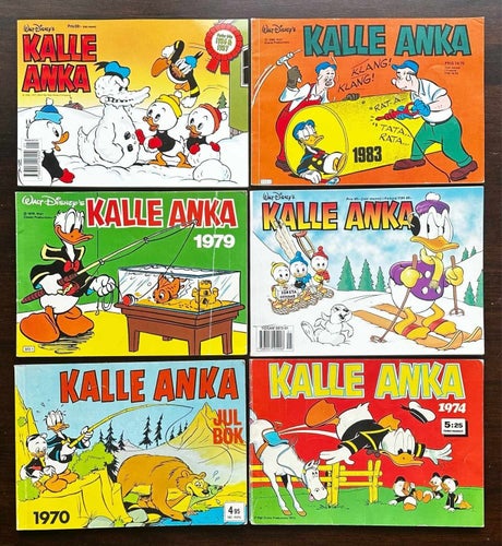 Kalle Anka - Samling av tidningar och bok,1969-89 7 st