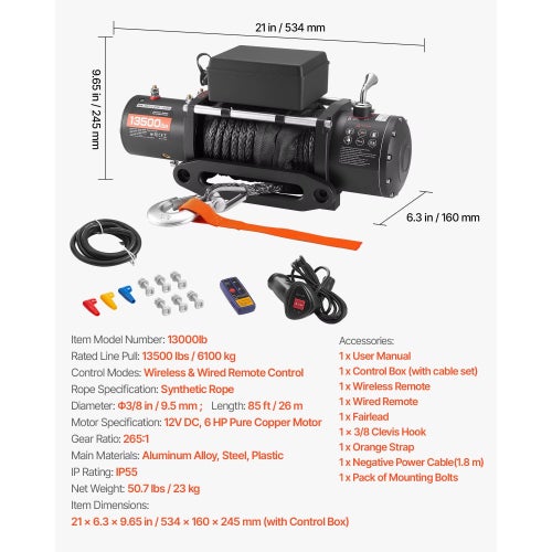 Elektrisk Vinsch 6123 kg 12V med Syntetlina och Trådlös Fjärrkontroll