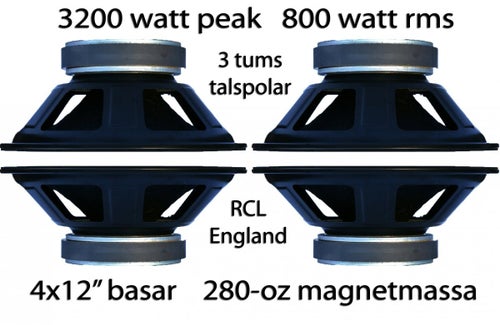 4st 12" baselement 3" talspolar. 800W RMS. Koppla i ett ohm eller fyra ohm.