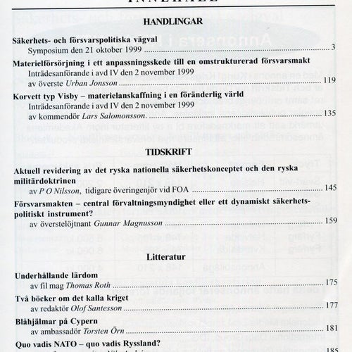 Sveriges säkerhets- och försvarspolitiska vägval m.m. (Krigsvet 1/2000)
