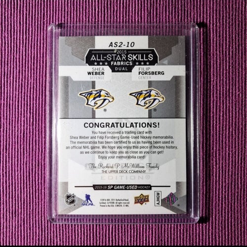 S. Weber & F. Forsberg 2015-16 SP #10 Game Used All-Star Skills Dual Jersey Card