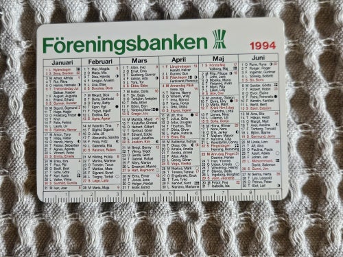 Föreningsbanken. Almanacka från 1994.