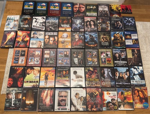 57 DVD-filmer: Svenska Hjärtan, Ögat, Crash, Paparazzi, The Talented Mr. Ripley,