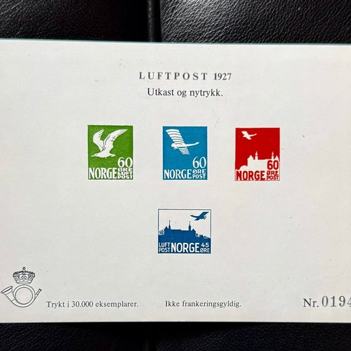 Norge "Luftpost 1927" Utkast och nytryck. Numrerat #019416