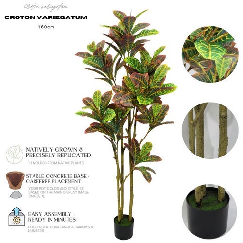 160cm Artificial Ficus pandurata Croton Plant Variegated Potted Faux Tree Decor