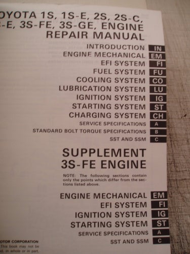 TOYOTA 1S-E, 2S-C, 2S-E, 3S-FE, 3S-GE ENGINE REPAIR MANUAL, Aug., 1986