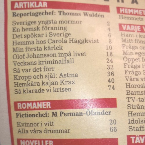 Tidningen Hemmets veckotidning från 1988 med bla Carola Häggkvist