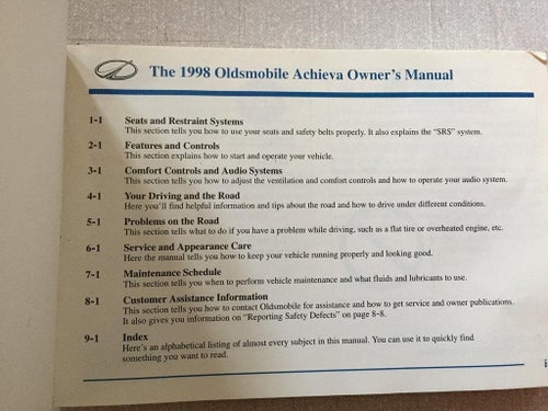 1998 Oldsmobile Owners Manual Achieva