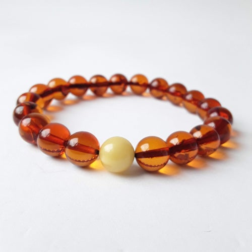 Baltic Amber Round Bead Bracelet Brown Gemstone Stretchy Bracelet