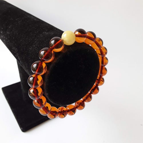 Baltic Amber Round Bead Bracelet Brown Gemstone Stretchy Bracelet