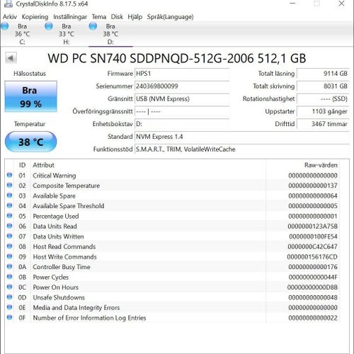 SSD typ: m.2, 512GB ,NVMe, formfaktor 2280, märke : Western Digital