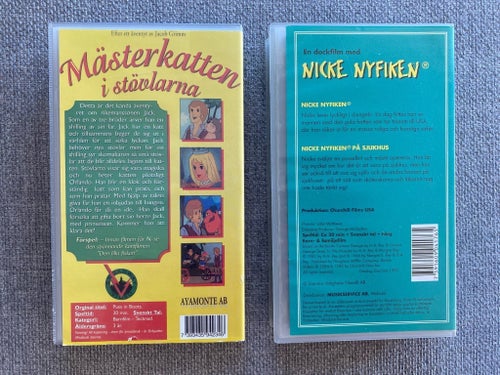 VHS videofilmer barnfilmer Mästerkatten i stövlar och Nicke Nyfiken