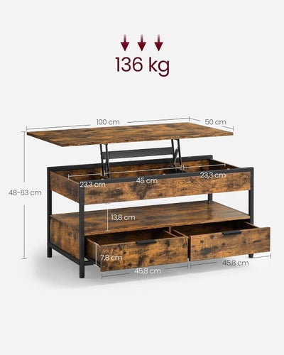 VASAGLE soffbord med hiss, vardagsrumsbord, med förvaringslådor, LCT209K01