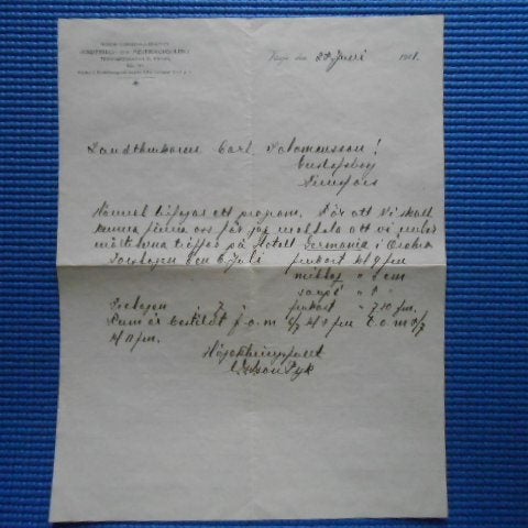 Brev från Hushållningssällskapets jordbruk- och mejerikonsulent Växjö 1911