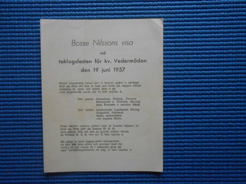 Taklagsvisa Växjö 1957 – Bosse Nilsson kvarteret Vedermödan • 2 sidor
